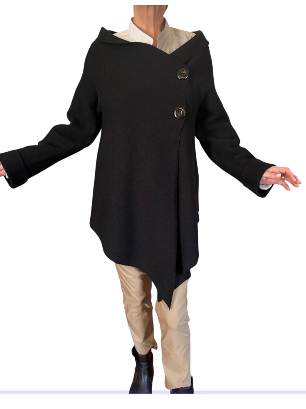 100% Virgin Wool Emma Luna M.T.T. Black Asymmetric Button-Front Women's Jacket - Picture 3 of 14